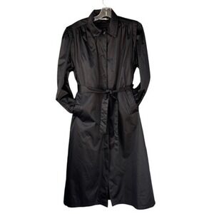 70s 80s Vintage British Mist Satin Black Long Trench Coat Belted Lining Romantic